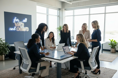 Group of women in a modern office setting with a digital whiteboard and laptops.