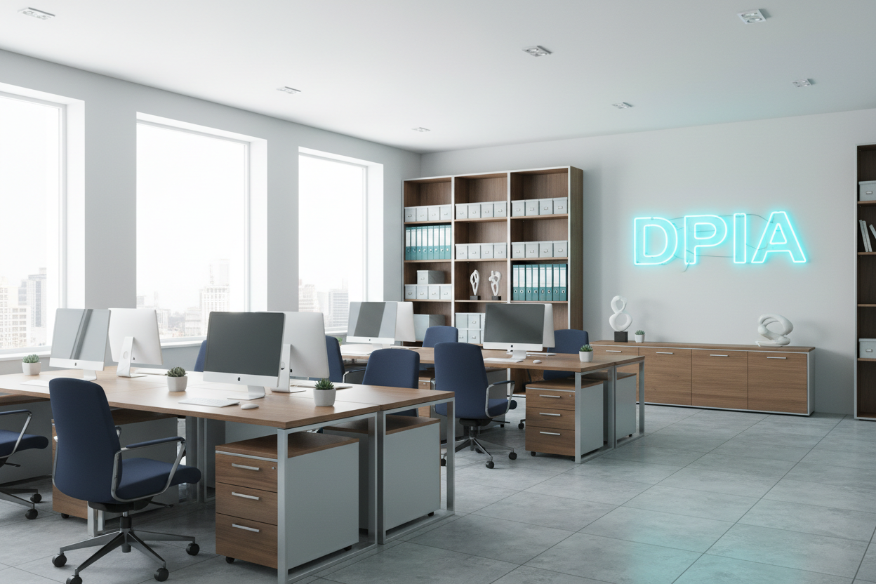 Modern office space with desks, chairs, and bookshelves, featuring a 'DPIA' sign.
